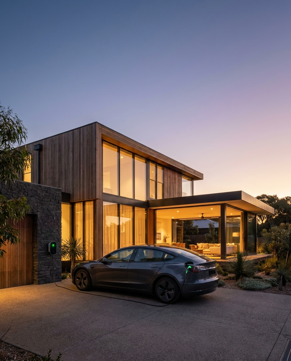 Modern Australian home at dusk with a Tesla plugged into a wall-mounted home EV charger